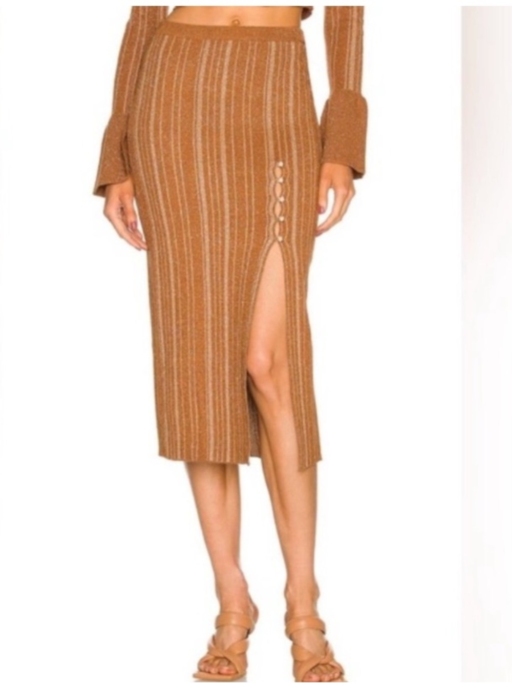 LPA Vance Midi Knit Skirt Metallic Stripe Bronze High rise Waist revolve Small